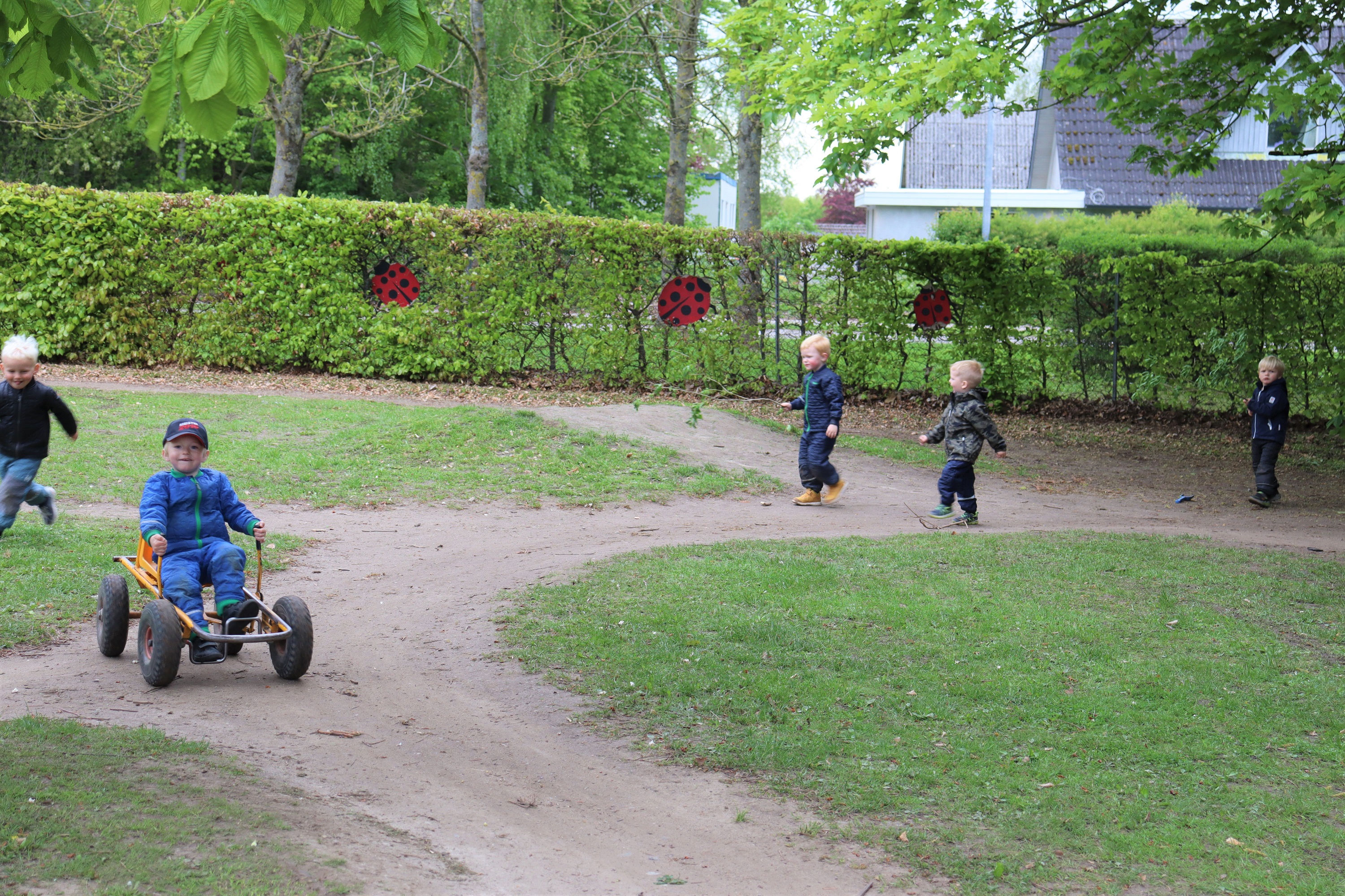 Børn leger og cykler rundt på grønt område i Mariehønen